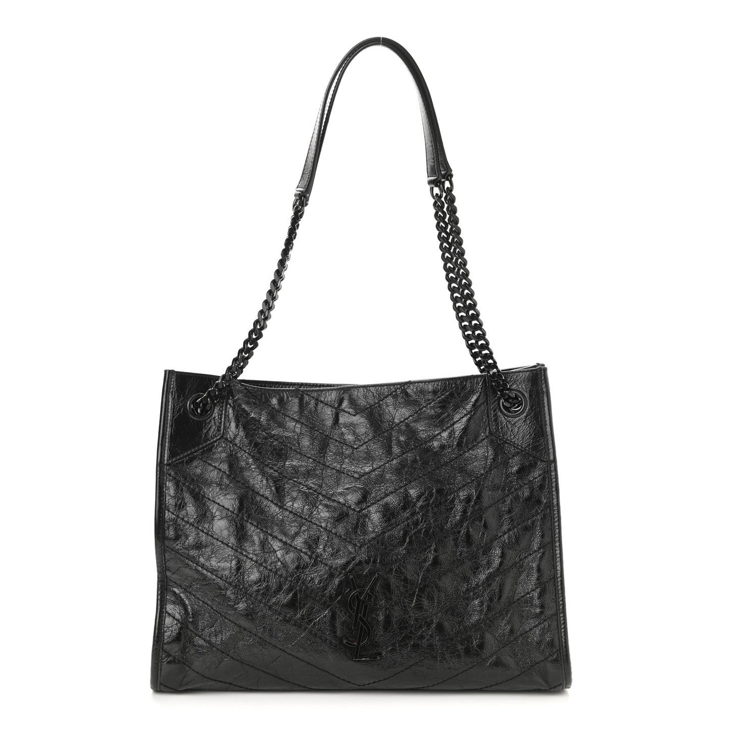 Crinkled Calfskin Matelasse Monogram Medium Niki Shopper Tote Black