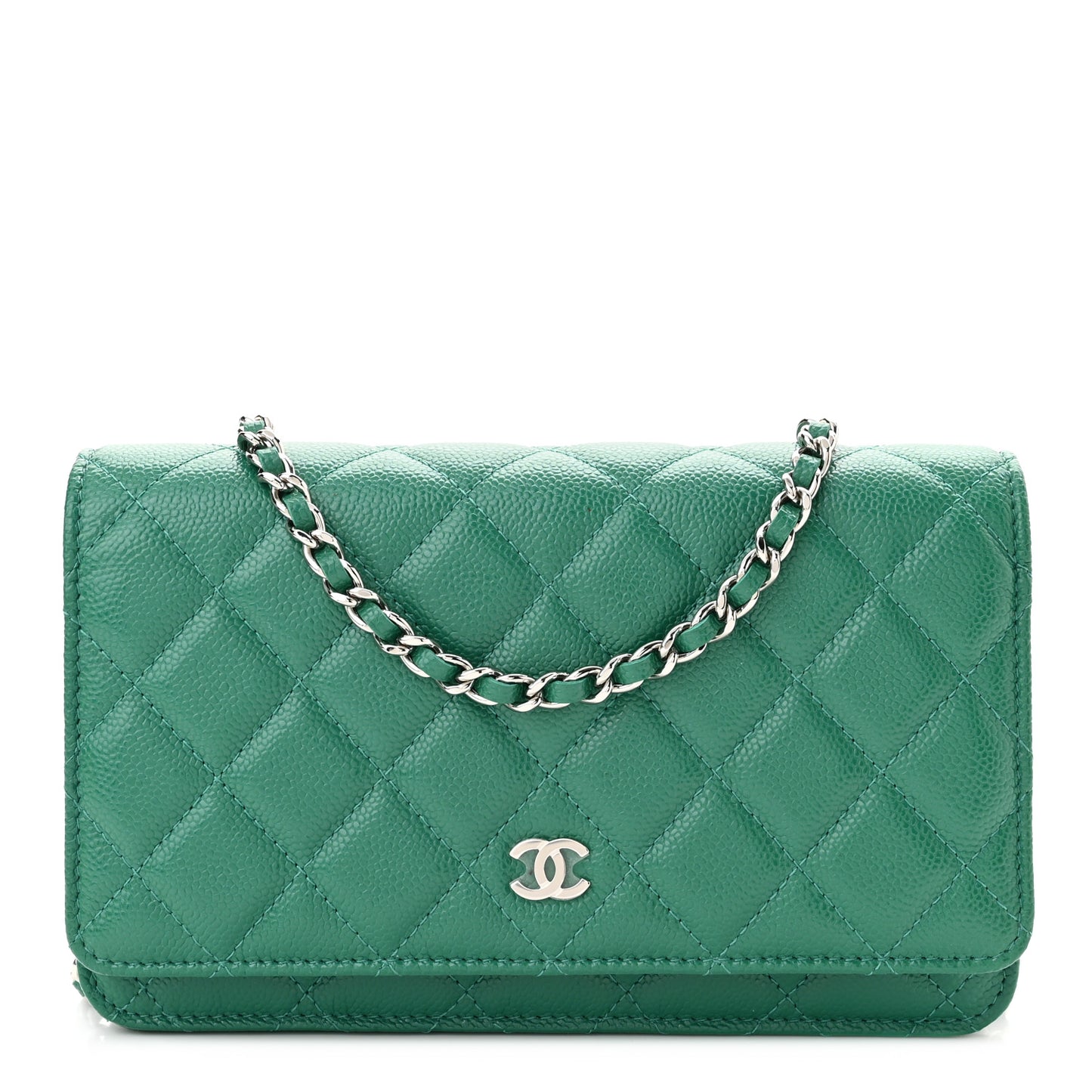 Metallic Caviar Quilted Wallet On Chain WOC Green