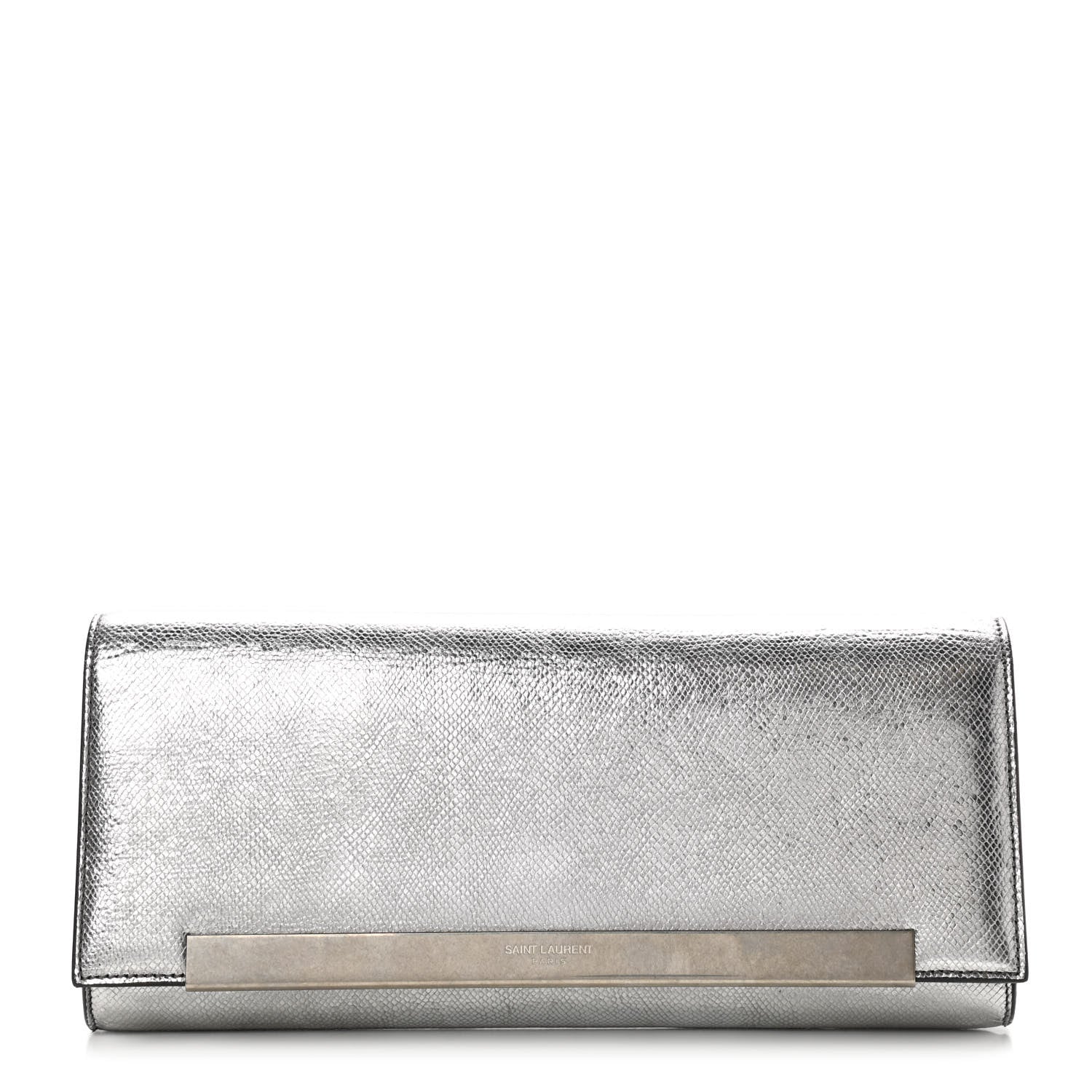 Saint Laurent Metallic Calfskin Lizard Printed Lutetia Flap Clutch Silver 1 of 9