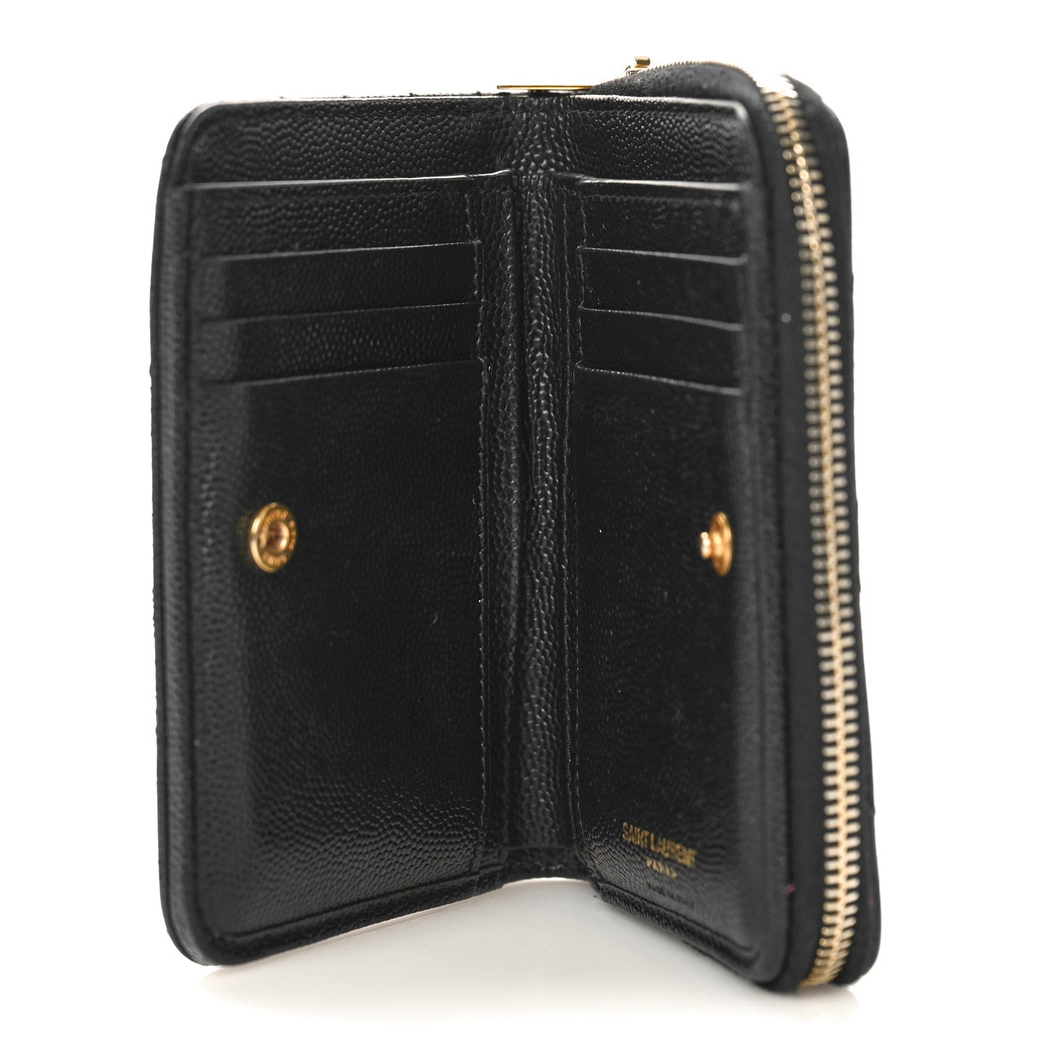 Saint Laurent Grain De Poudre Matelasse Chevron Monogram Compact Zip Around Wallet Black 5 of 8