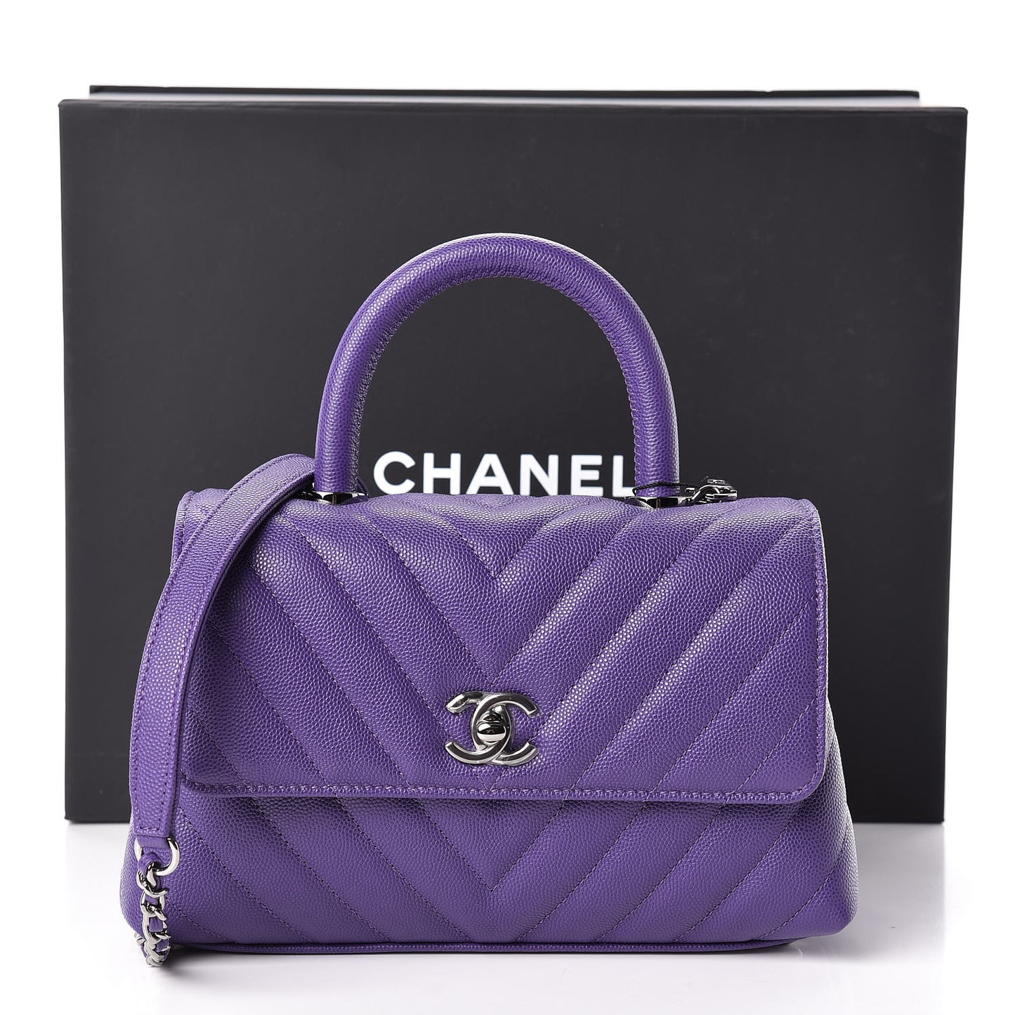 Caviar Chevron Quilted Mini Coco Handle Flap Purple