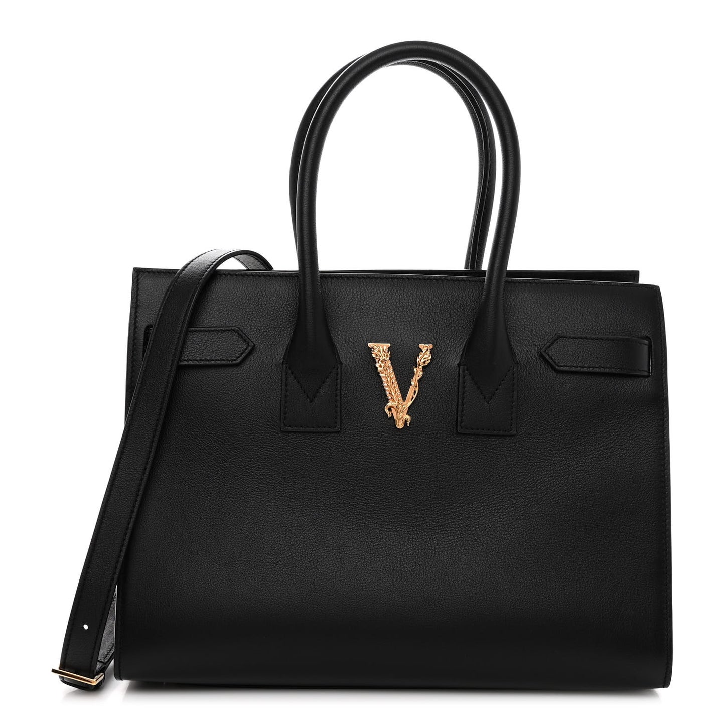 Grained Calfskin Large Virtus Top Handle Shoulder Bag Black