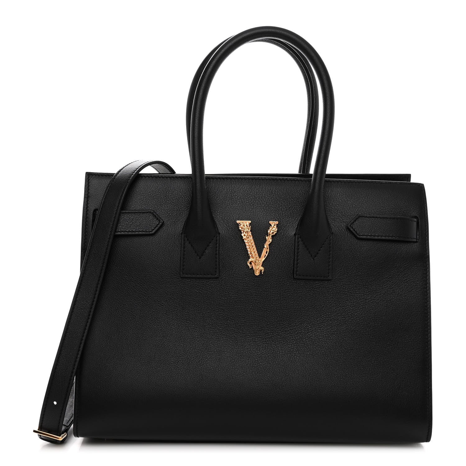 Versace Grained Calfskin Large Virtus Top Handle Shoulder Bag Black 1 of 9