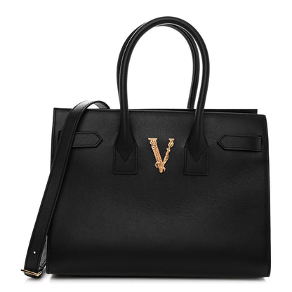 Versace Grained Calfskin Large Virtus Top Handle Shoulder Bag Black 1 of 9