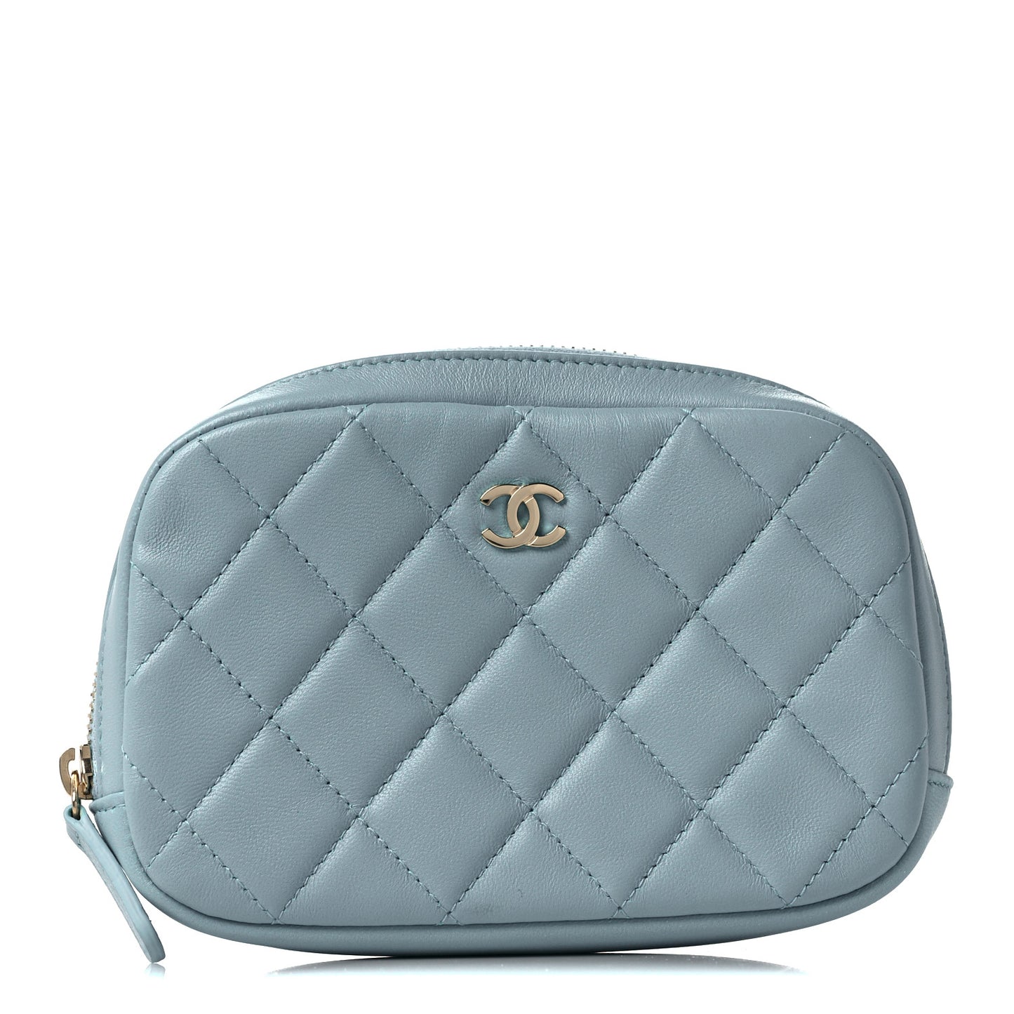 Lambskin Quilted Small Curvy Pouch Cosmetic Case Light Blue
