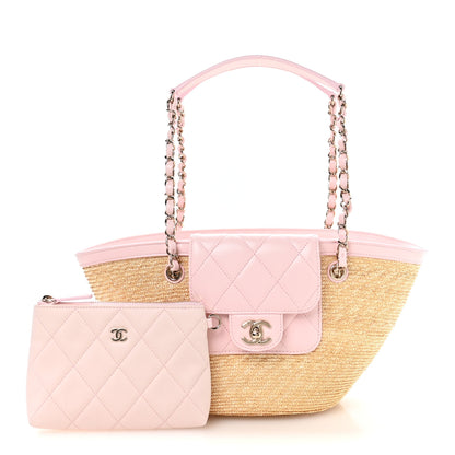 Chanel Raffia Braided Lambskin Small Wicker Tote Beige Light Pink 3 of 12