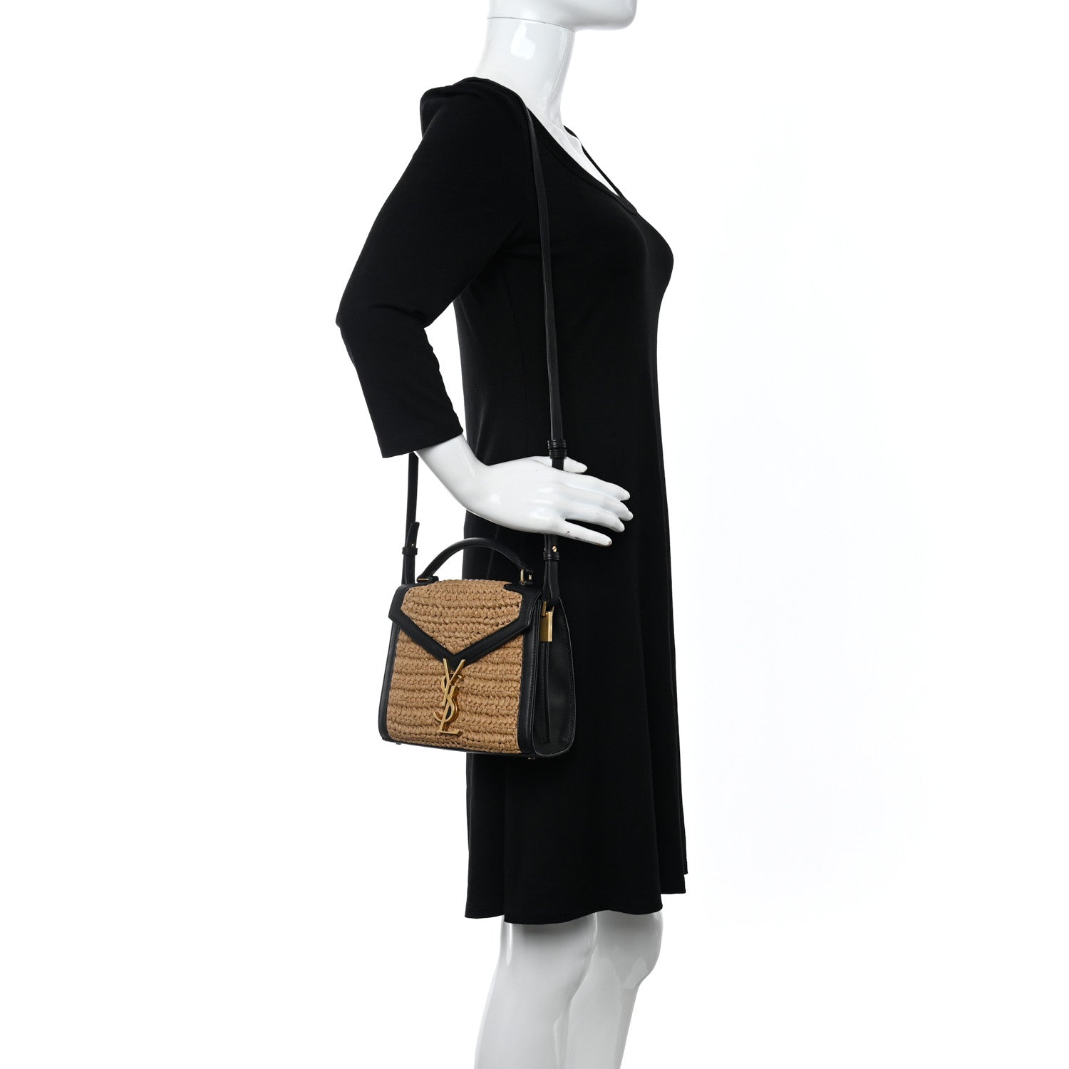 Saint Laurent Raffia Calfskin Mini Classic Monogram Cassandra Top Handle Black Natural 2 of 9