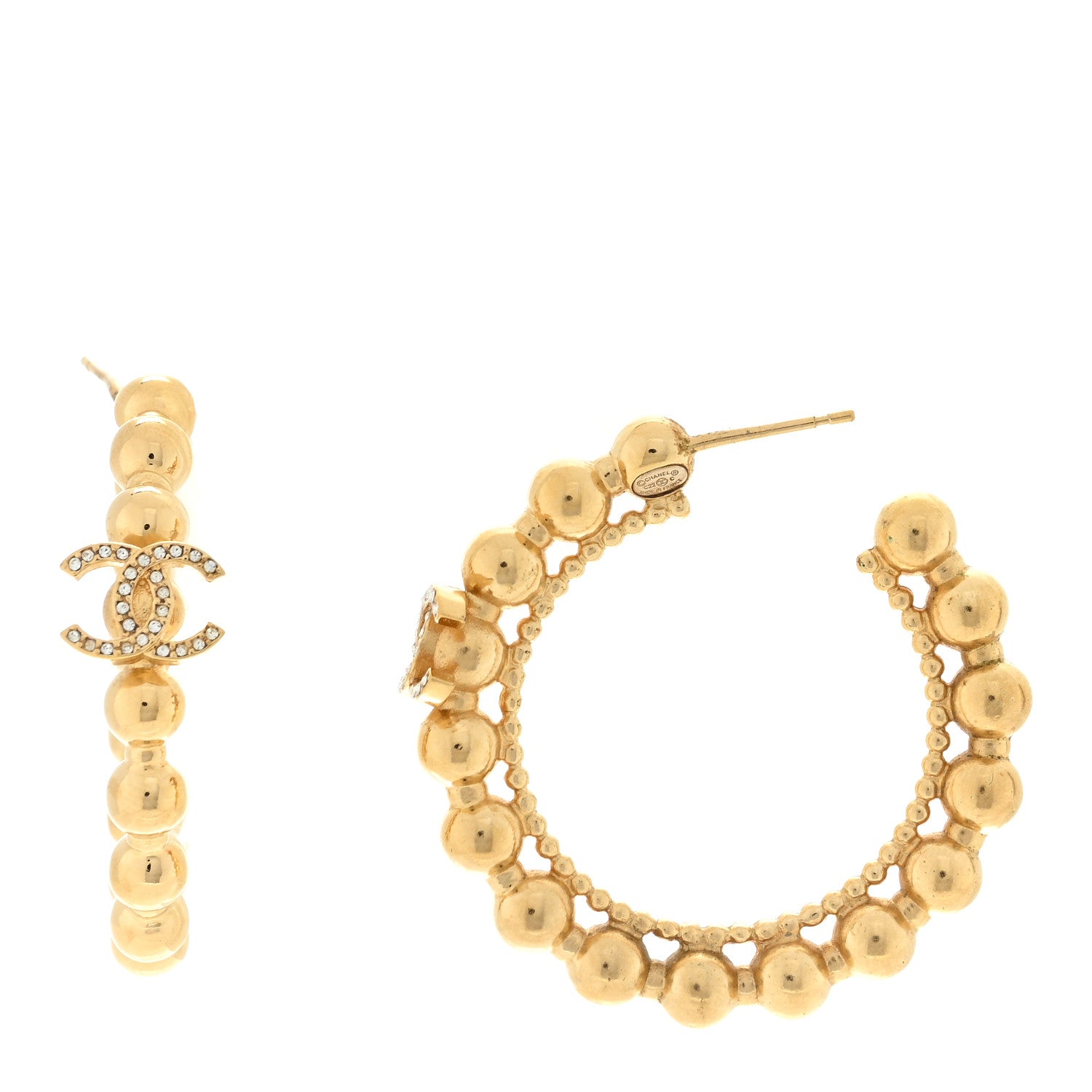 Chanel Crystal Bead CC Hoop Earrings Gold 1 of 4