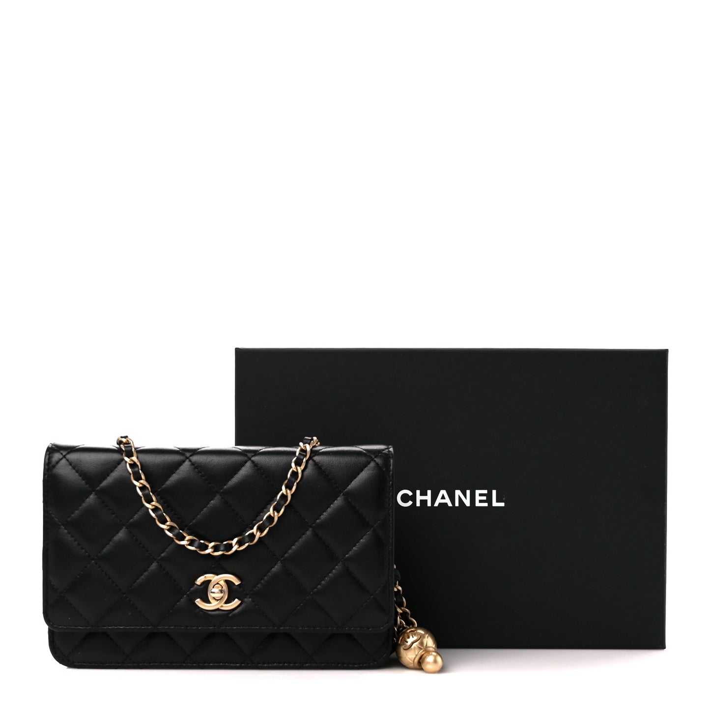 Lambskin Quilted CC Pearl Crush Wallet on Chain WOC Black