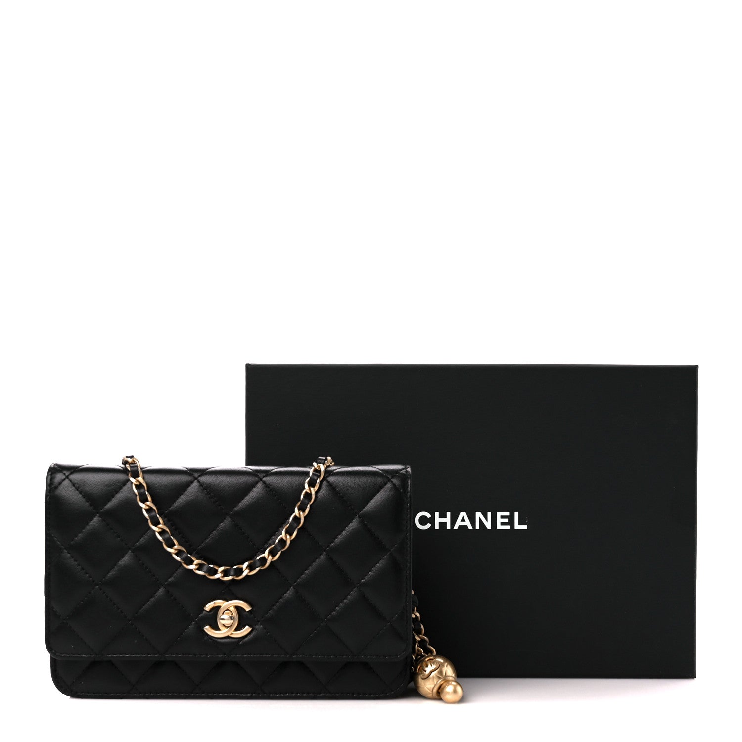 Chanel Lambskin Quilted CC Pearl Crush Wallet on Chain WOC Black 2 of 13