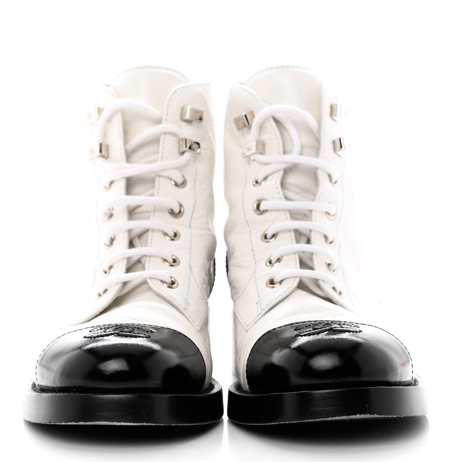 Chanel Distressed Patent Cap Toe Combat Boots 37 White Black 2 of 8