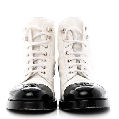 Chanel Distressed Patent Cap Toe Combat Boots 37 White Black 2 of 8