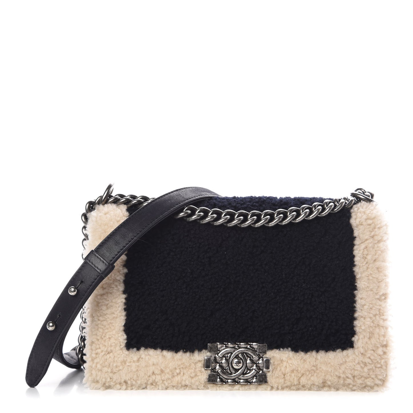 Shearling Iridescent Calfskin Medium Boy Flap Navy
