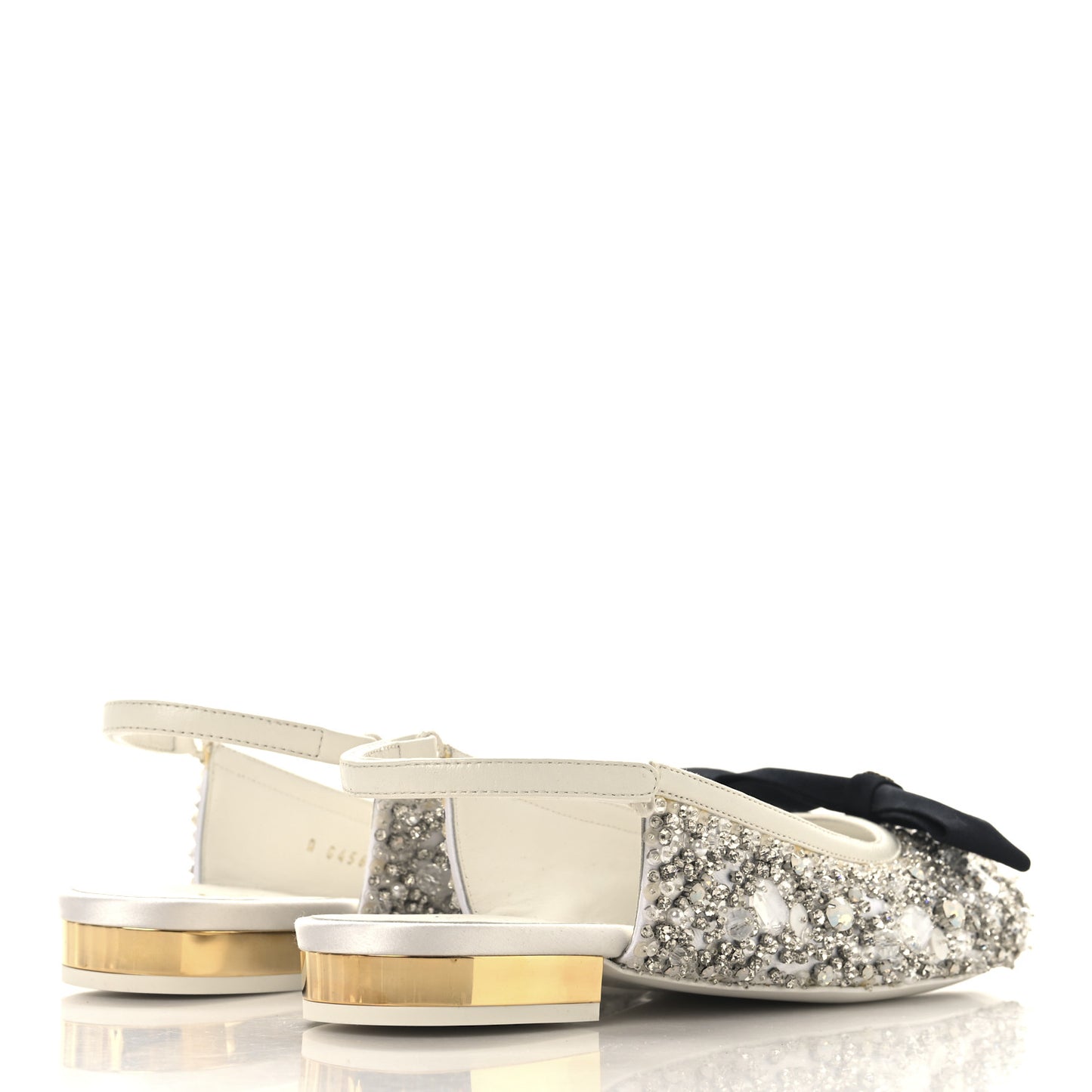 Satin Crystal Lambskin Grossgrain Bow CC Slingback Flats 38 White Black