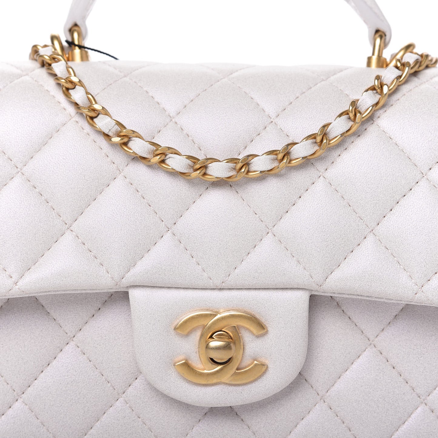 Iridescent Lambskin Quilted Mini Top Handle Rectangular Flap White