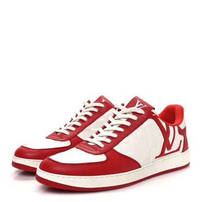 Louis Vuitton Calfskin Maxi Damier Mens Rivoli Sneakers 8 Orange White 4 of 12