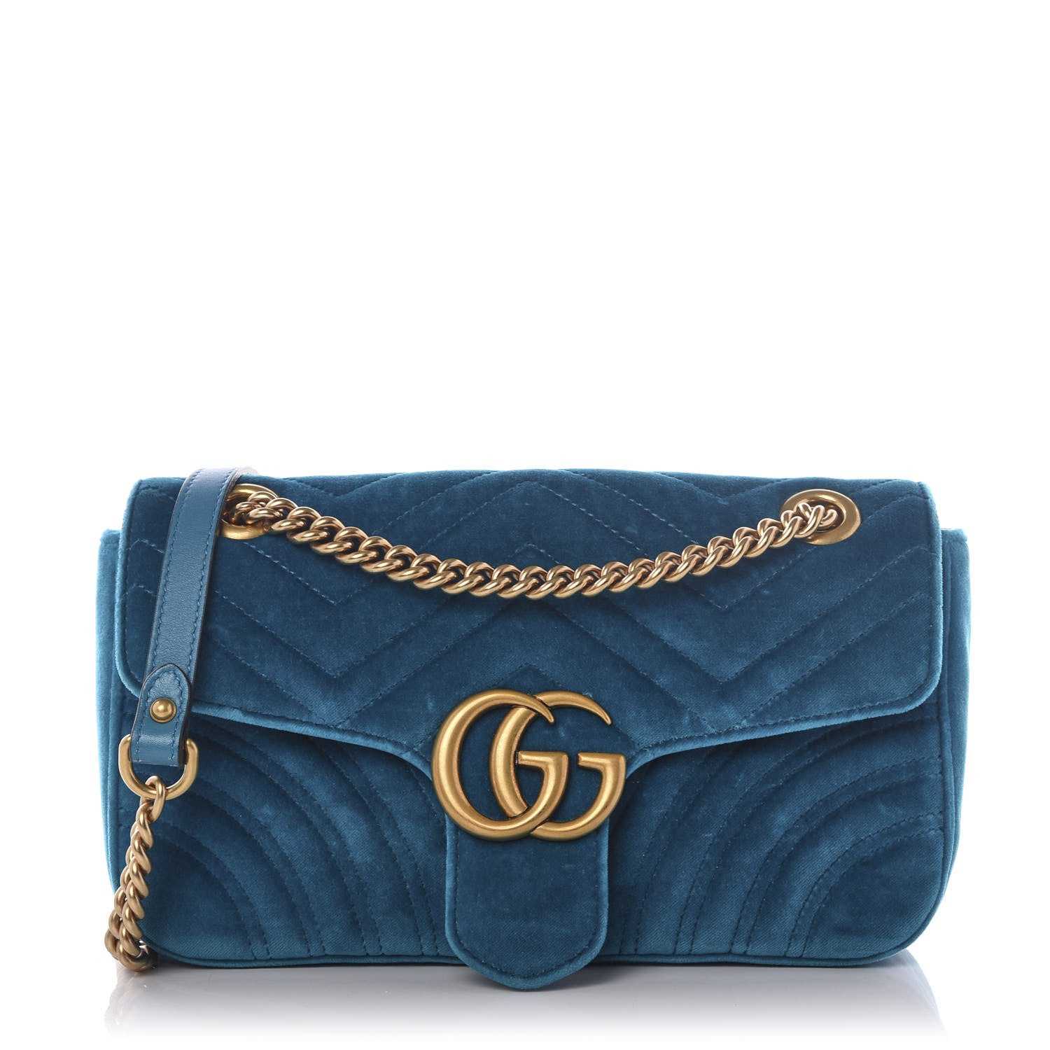 Gucci Velvet Matelasse Small GG Marmont Shoulder Bag Pavone Cyan 1 of 9