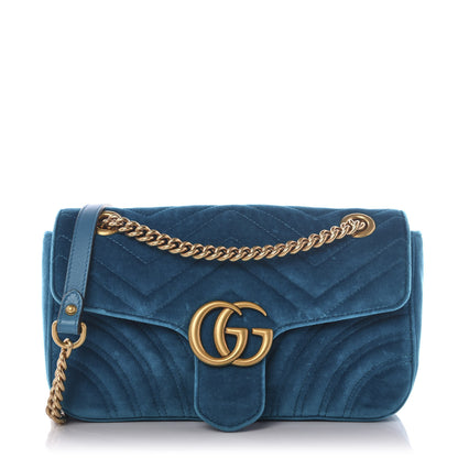 Gucci Velvet Matelasse Small GG Marmont Shoulder Bag Pavone Cyan 1 of 9