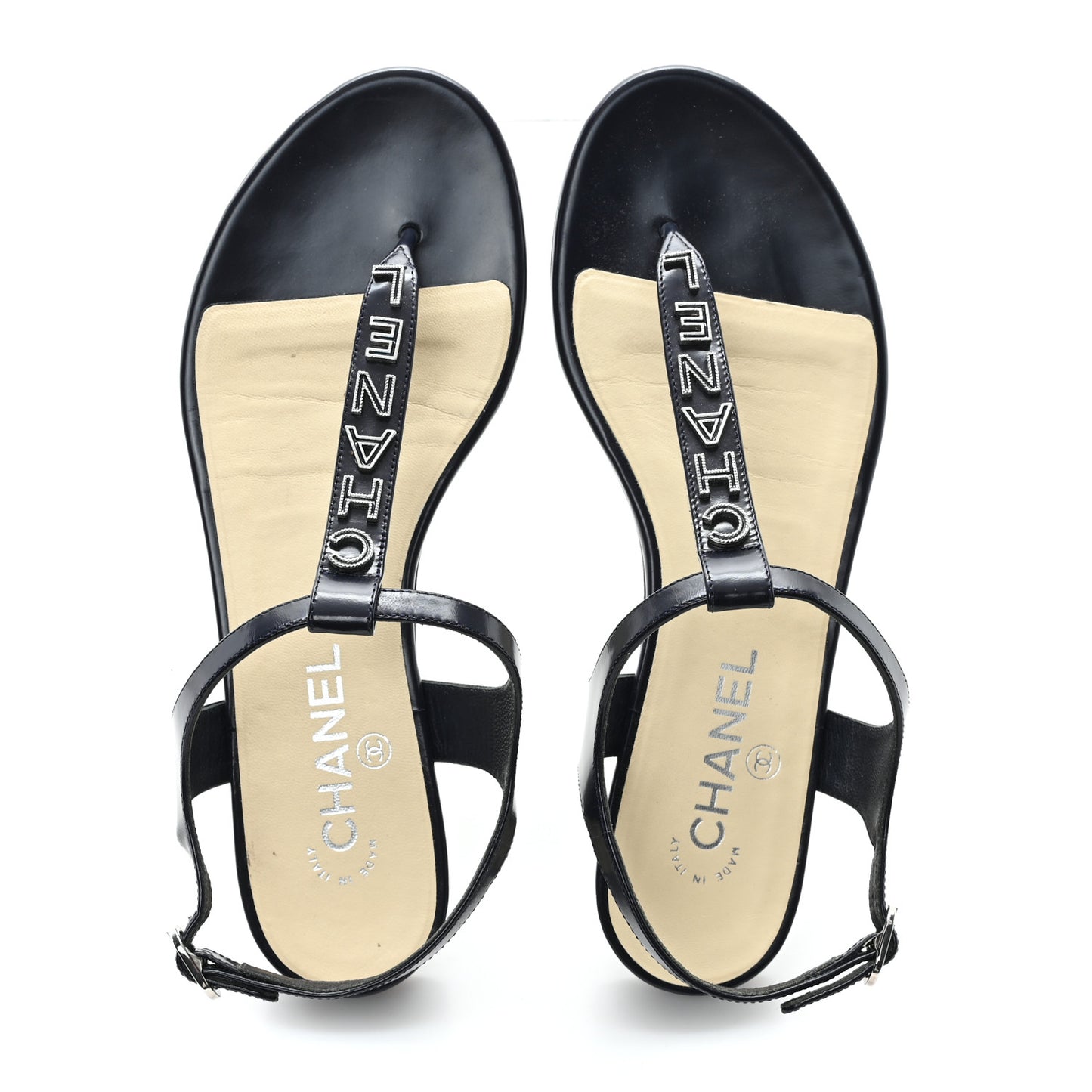Patent Calfskin Logo Thong Sandals 38.5 Navy