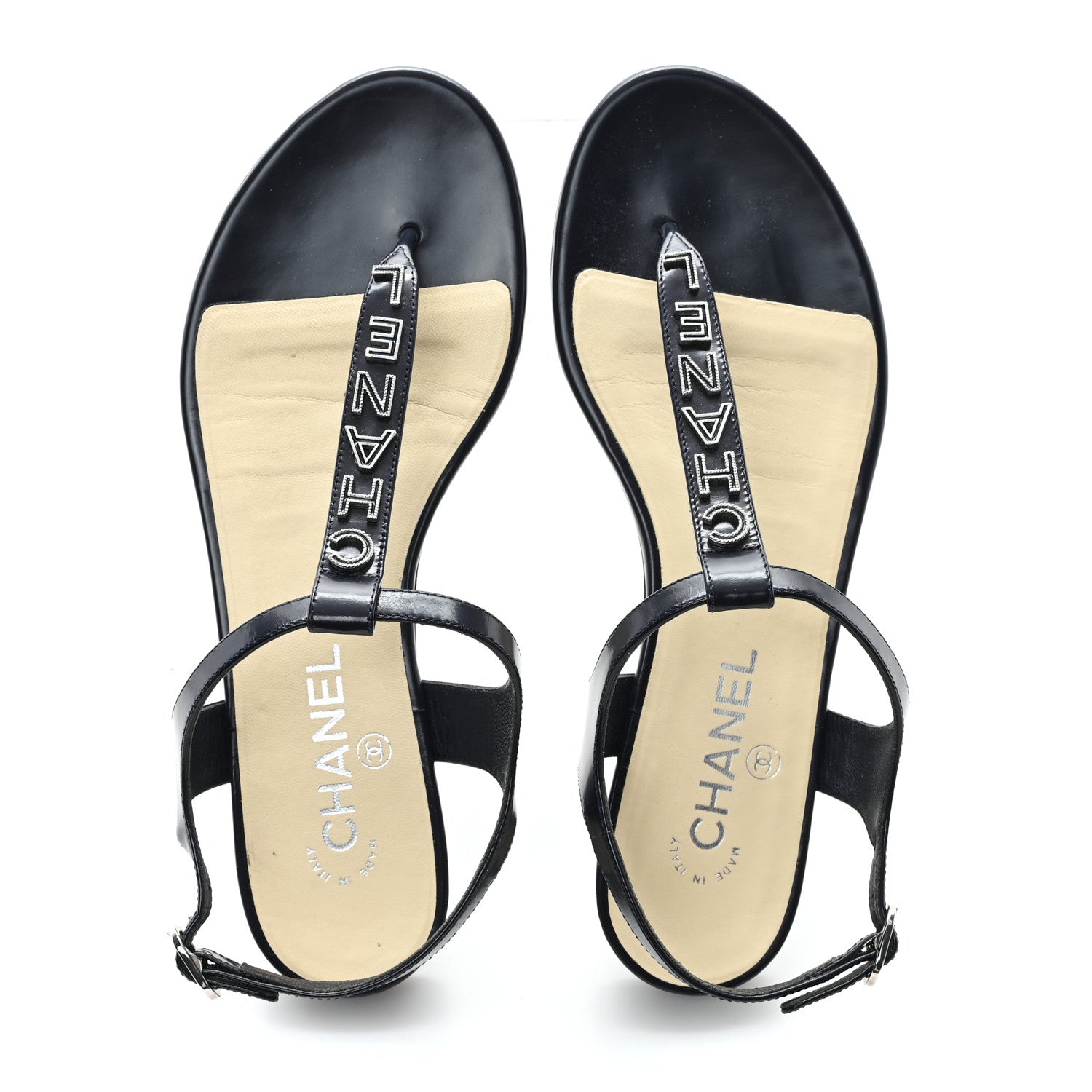 Chanel Patent Calfskin Logo Thong Sandals 38.5 Navy 2 of 8