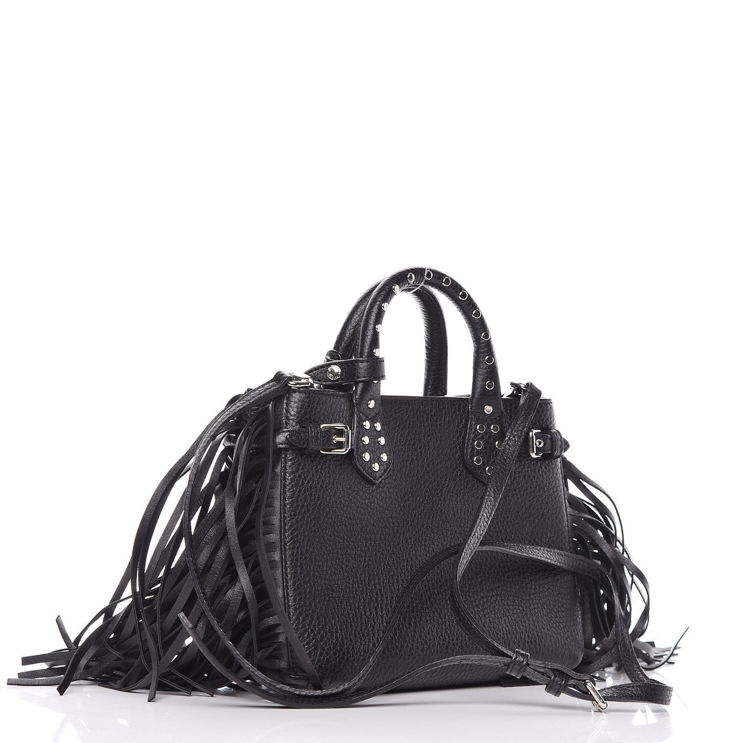 Grainy Calfskin Studded Fringe Baby Banner Tote Black
