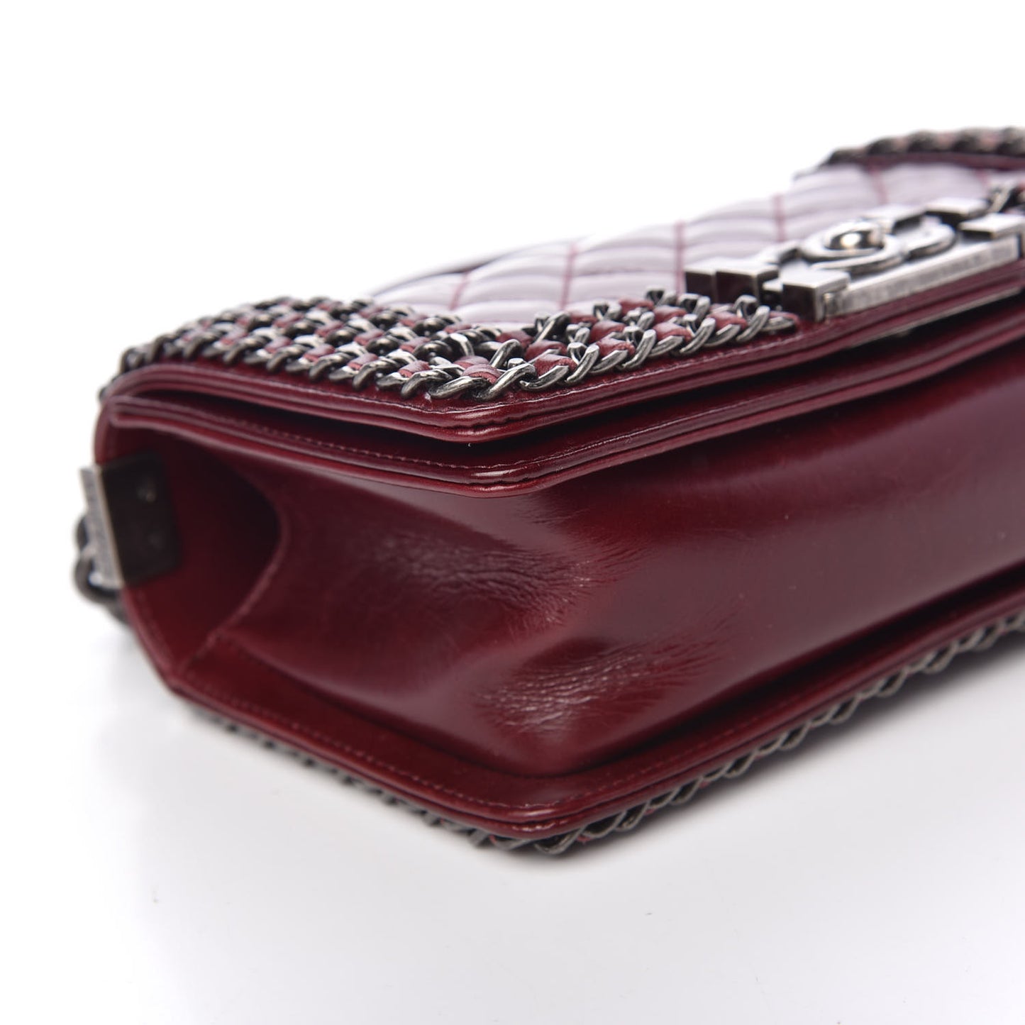 Glazed Calfskin Quilted Small Boy Chained Flap Burgundy