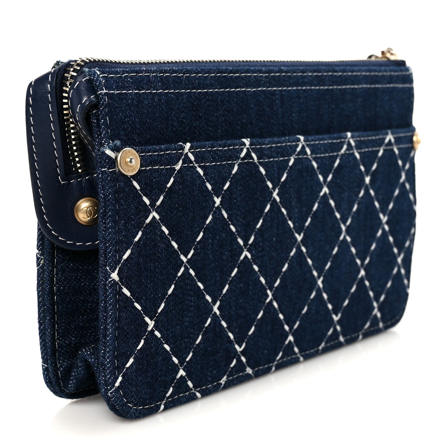 Chanel Denim Quilted Zipped Wristlet Clutch Blue 3 of 10