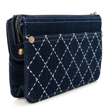 Chanel Denim Quilted Zipped Wristlet Clutch Blue 3 of 10