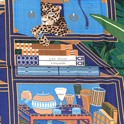 Hermes Cashmere Silk Les Douze Leopards Shawl 140 Bleu Moyen Vert 5 of 5