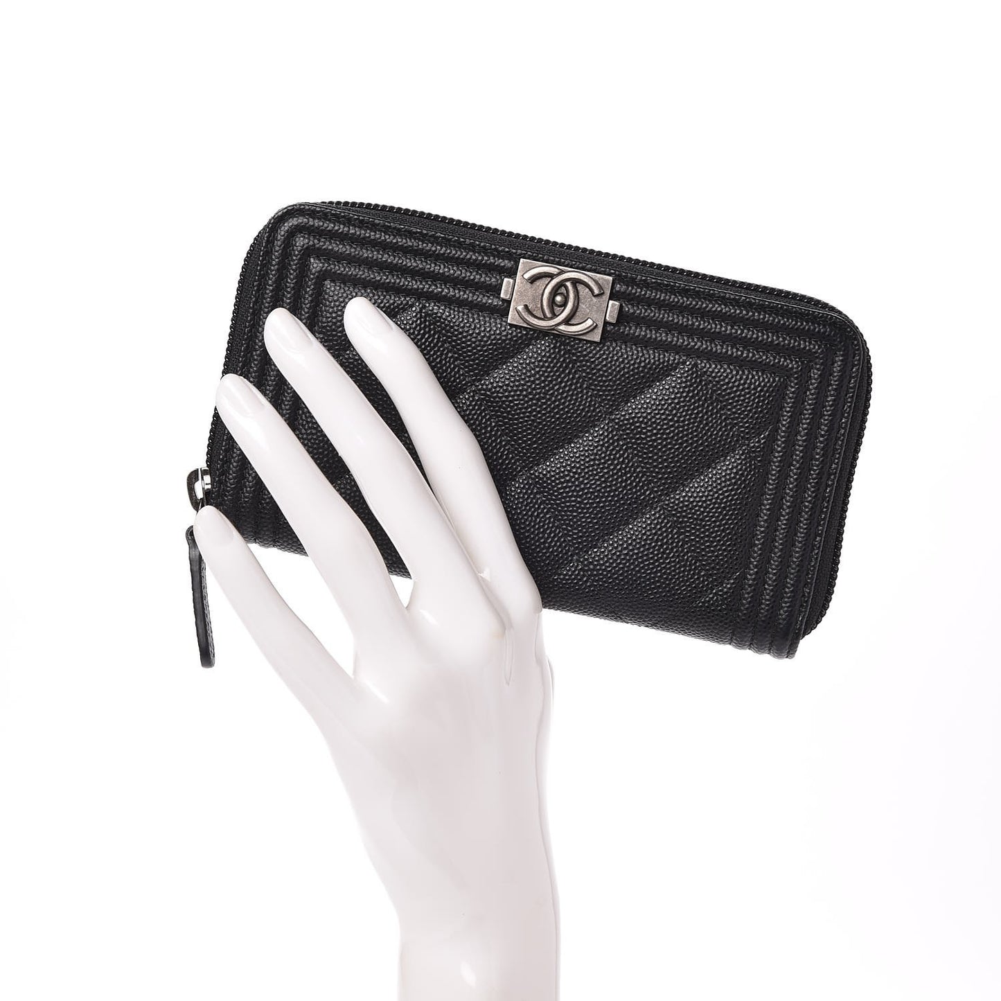 Caviar Quilted Boy Small Zip Around Wallet Black