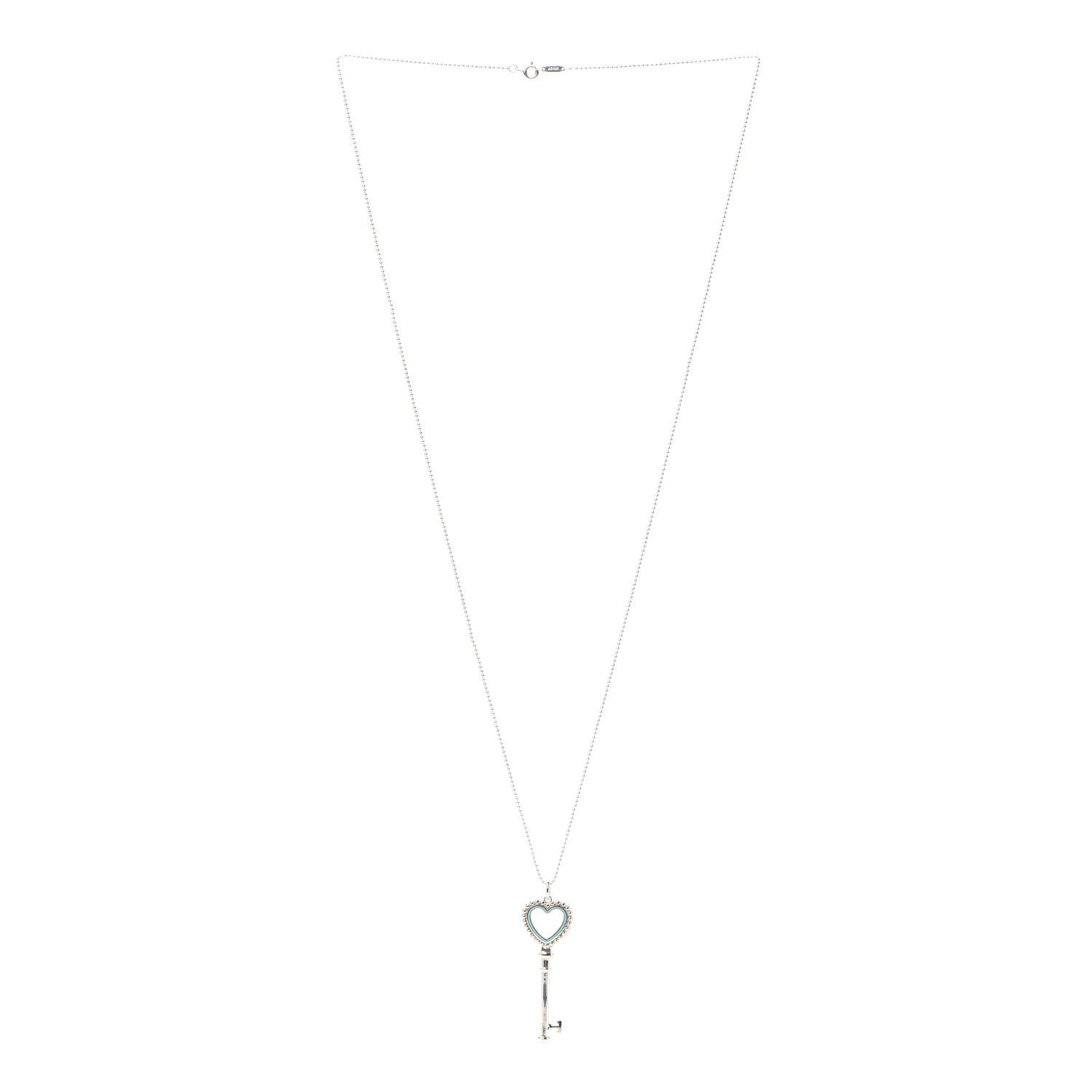 Tiffany Sterling Silver Enamel Beaded Heart Key Pendant Necklace Blue 3 of 4