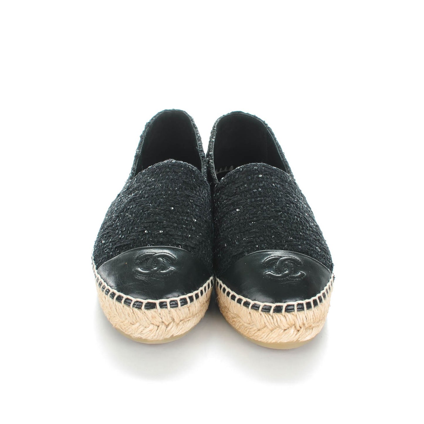 Tweed Patent Goatskin Sequin CC Espadrilles 36 Black