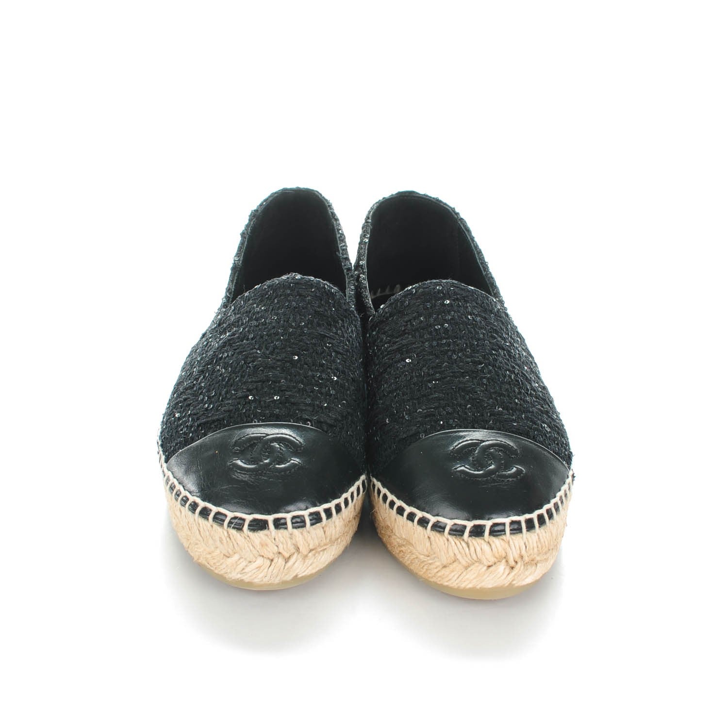 Chanel Tweed Patent Goatskin Sequin CC Espadrilles 36 Black 2 of 9