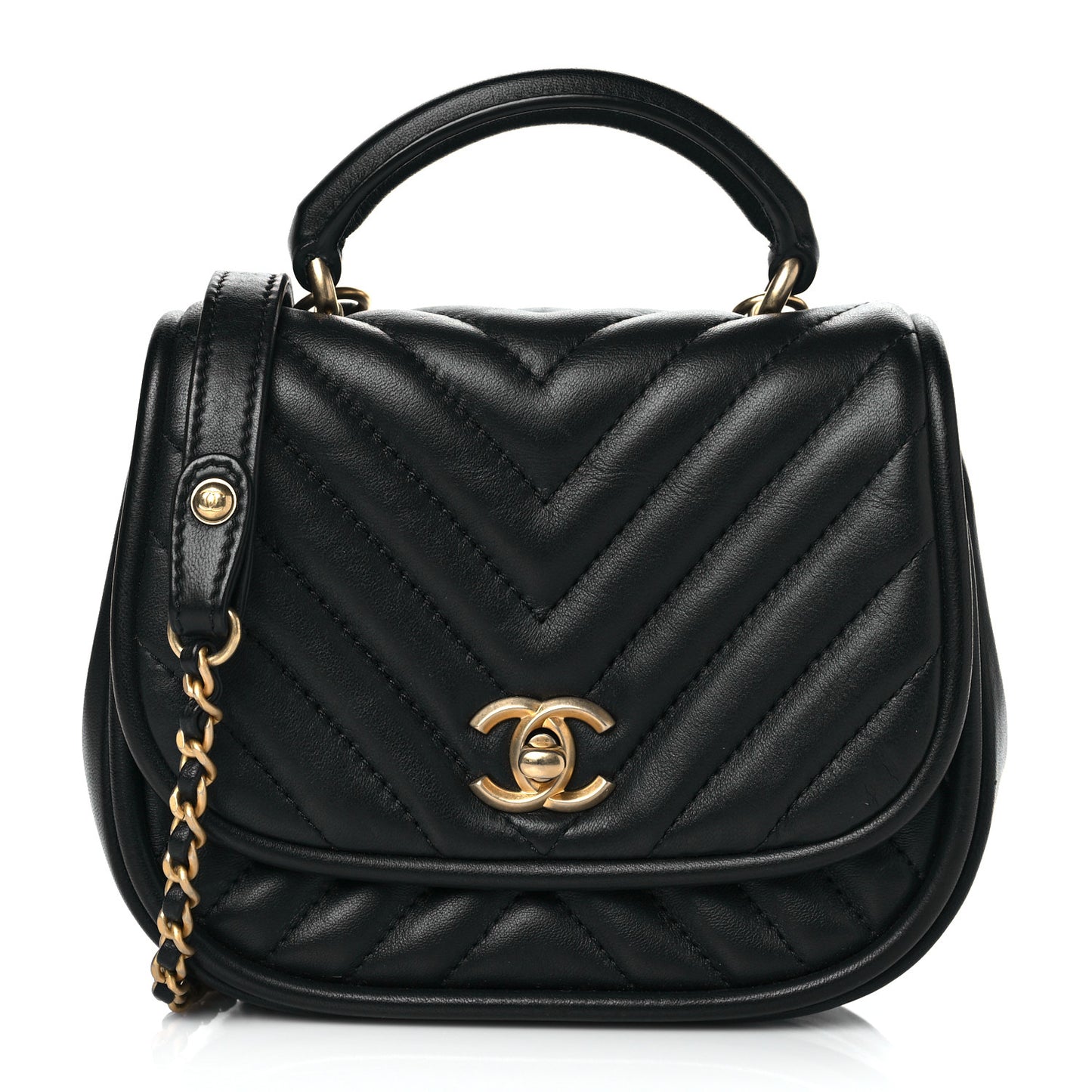 Lambskin Reverse Chevron Quilted Mini Round Top Handle Flap Black