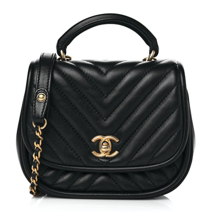 Chanel Lambskin Reverse Chevron Quilted Mini Round Top Handle Flap Black 1 of 10