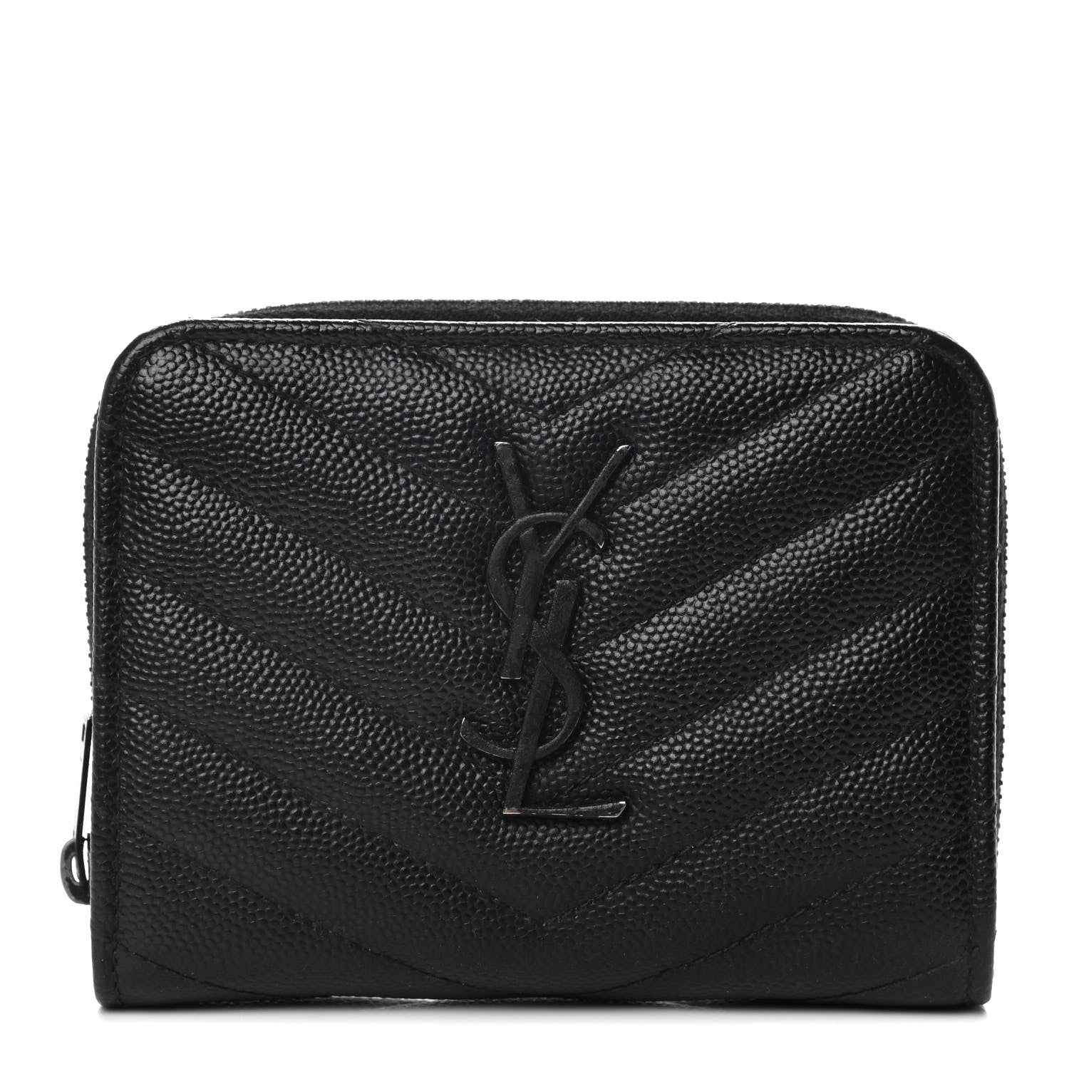 Saint Laurent Grain De Poudre Matelasse Chevron Monogram Monochrome Compact Zip Around Wallet Black 1 of 11
