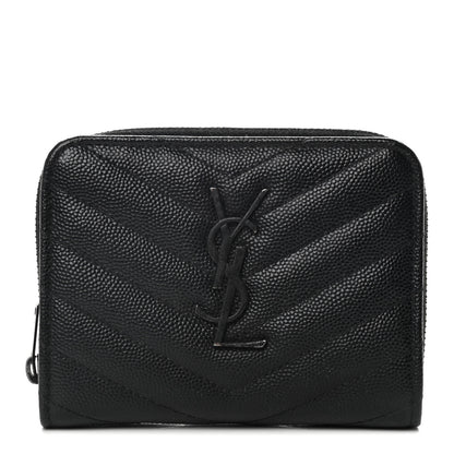 Saint Laurent Grain De Poudre Matelasse Chevron Monogram Monochrome Compact Zip Around Wallet Black 1 of 11