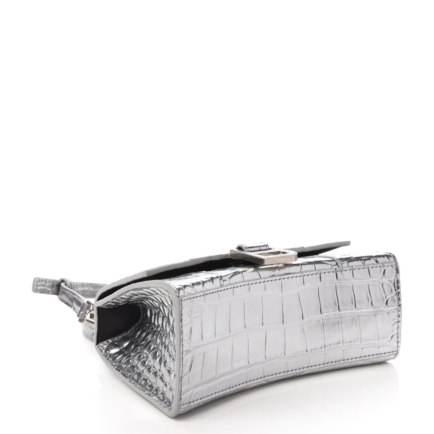 Metallic Calfskin Crocodile Embossed Hourglass Top Handle Bag XS Silver