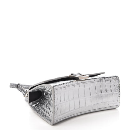 Balenciaga Metallic Calfskin Crocodile Embossed Hourglass Top Handle Bag XS Silver 4 of 9