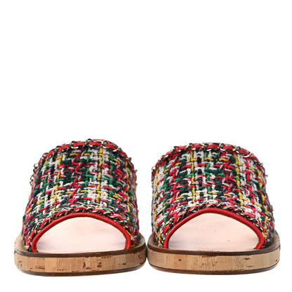 Chanel Cork Tweed Chain Mule Slides 38 Red 2 of 8
