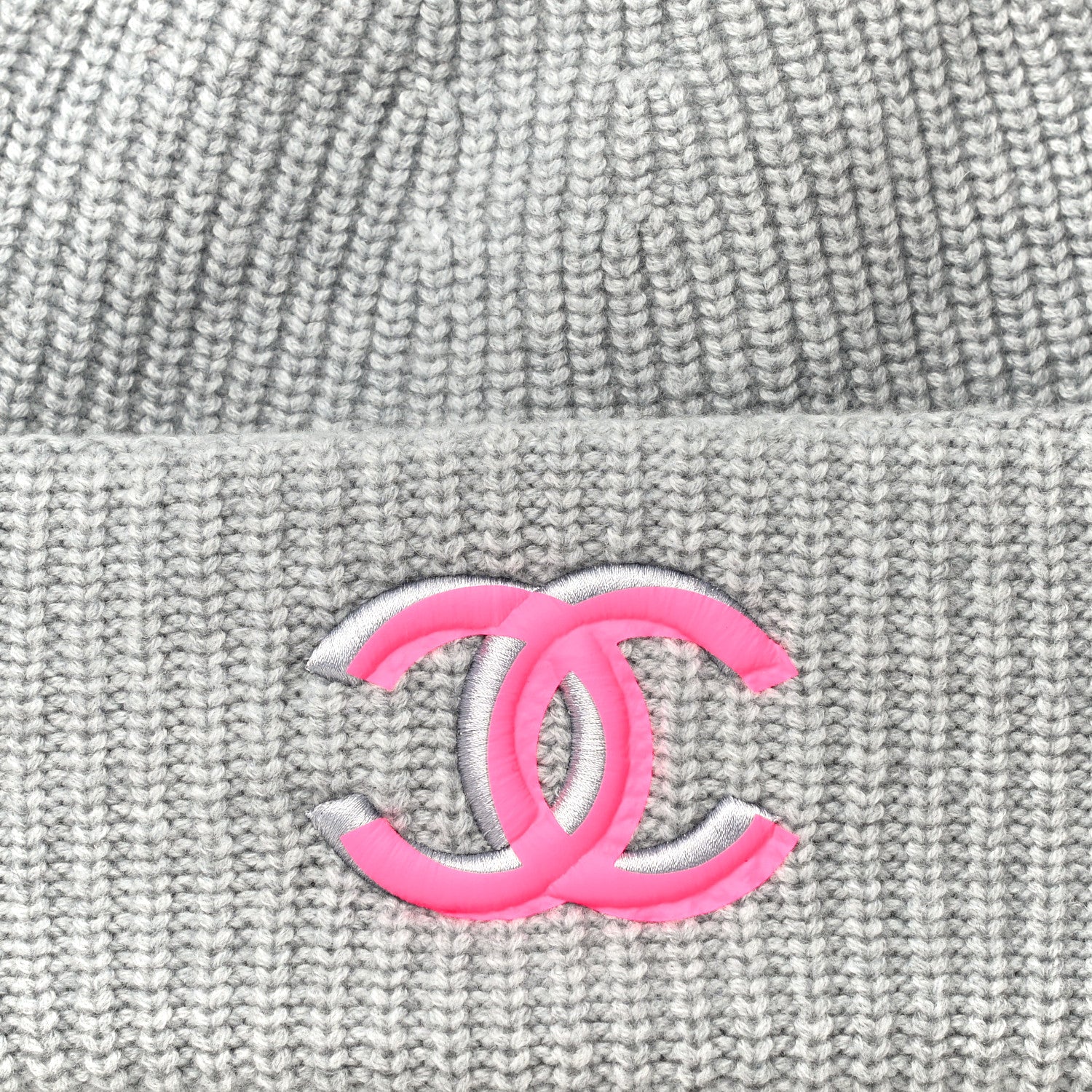 Chanel Wool Cashmere CC Beanie Hat Light Grey Fuchsia 7 of 10