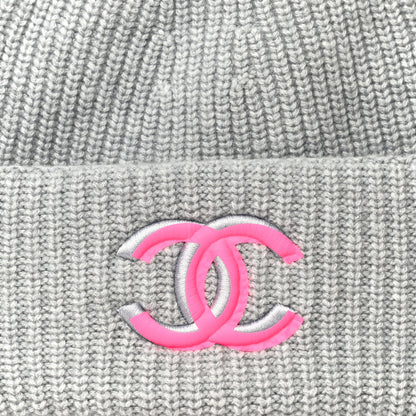 Chanel Wool Cashmere CC Beanie Hat Light Grey Fuchsia 7 of 10