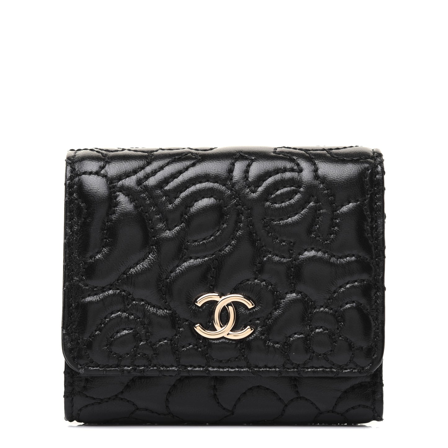 Lambskin Camellia Embossed Small Double Wallet Black