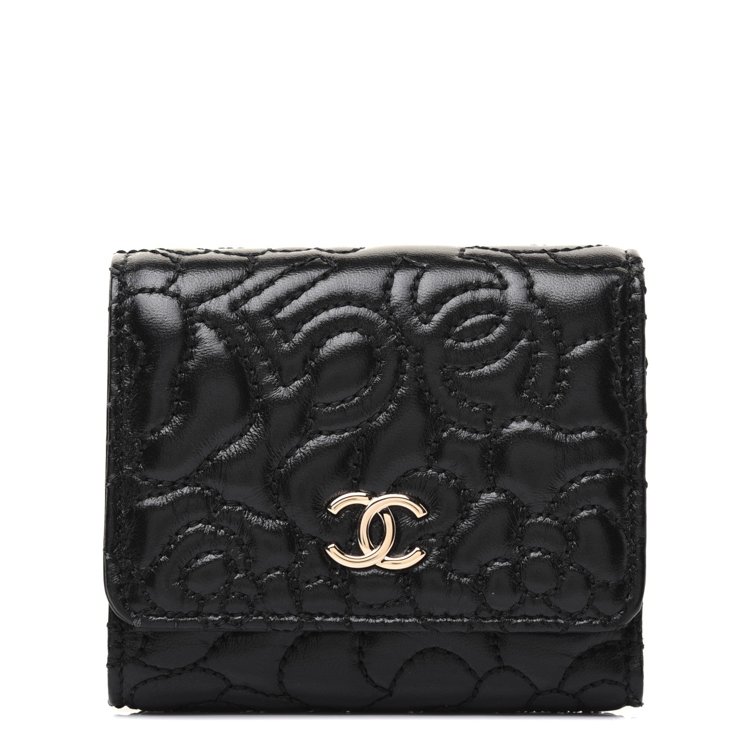 Chanel Lambskin Camellia Embossed Small Double Wallet Black 1 of 13