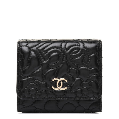 Chanel Lambskin Camellia Embossed Small Double Wallet Black 1 of 13