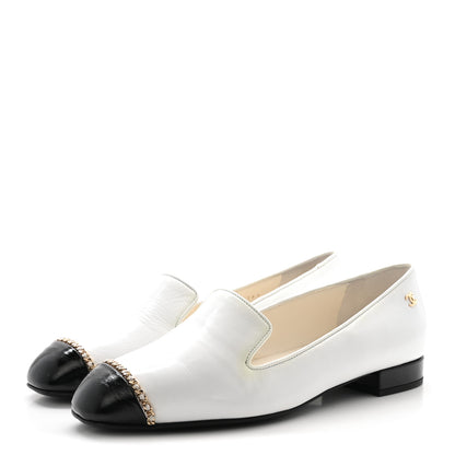 Chanel Patent Cap Toe Chain Moccasin Loafers 37 White Black 4 of 10