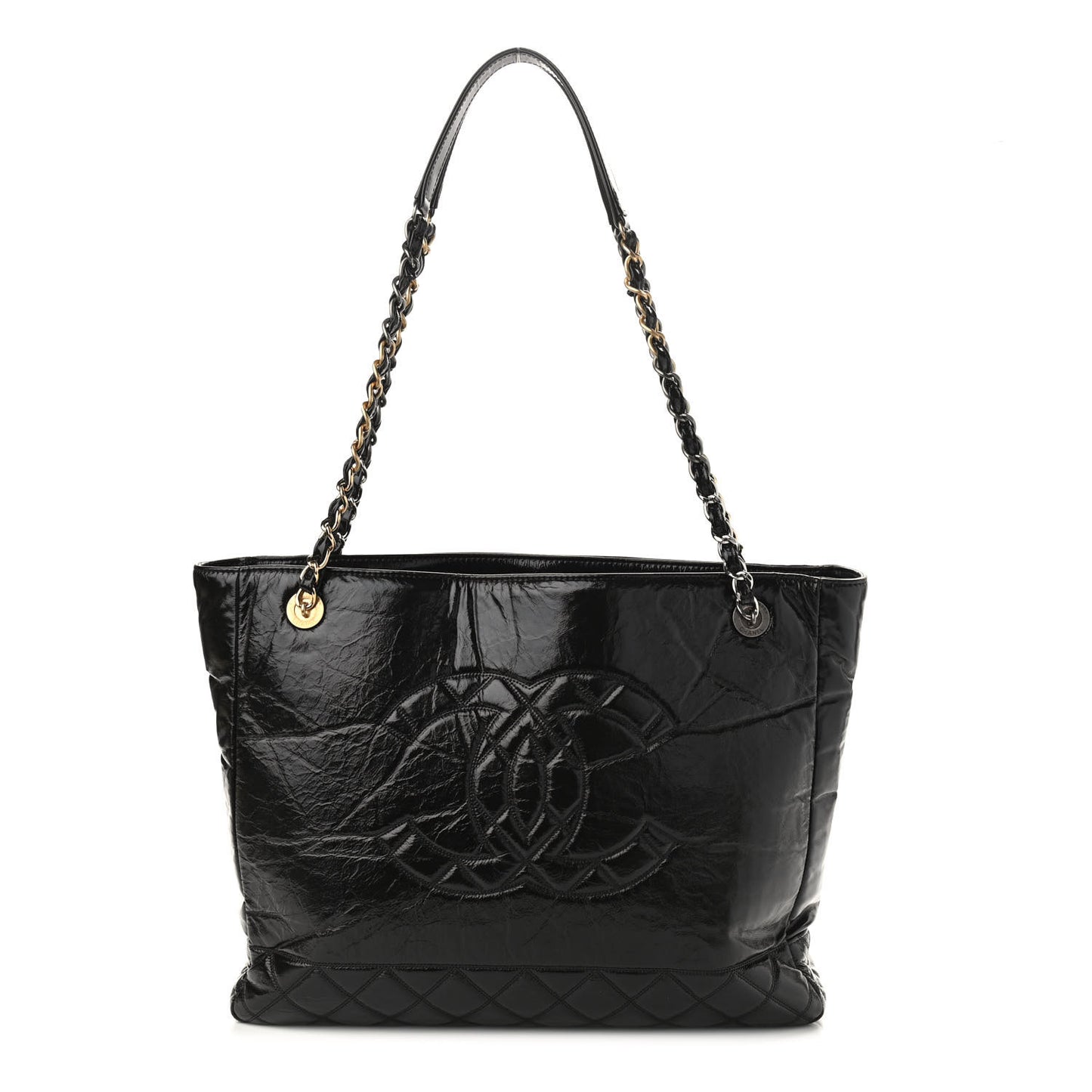 Shiny Aged Calfskin Quilted Large Shopping Bag Black
