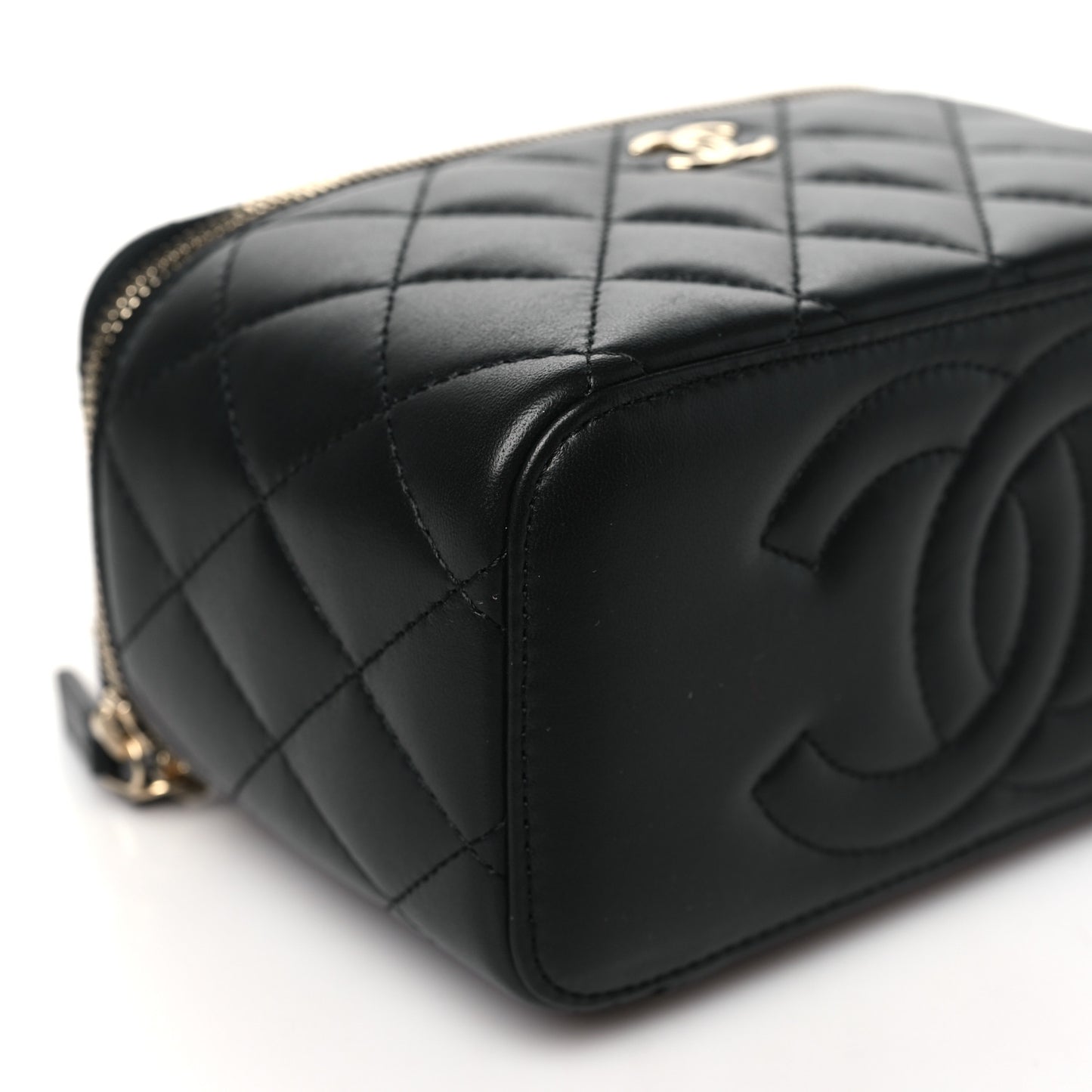 Lambskin Quilted Small Top Handle Vanity Case With Chain Black