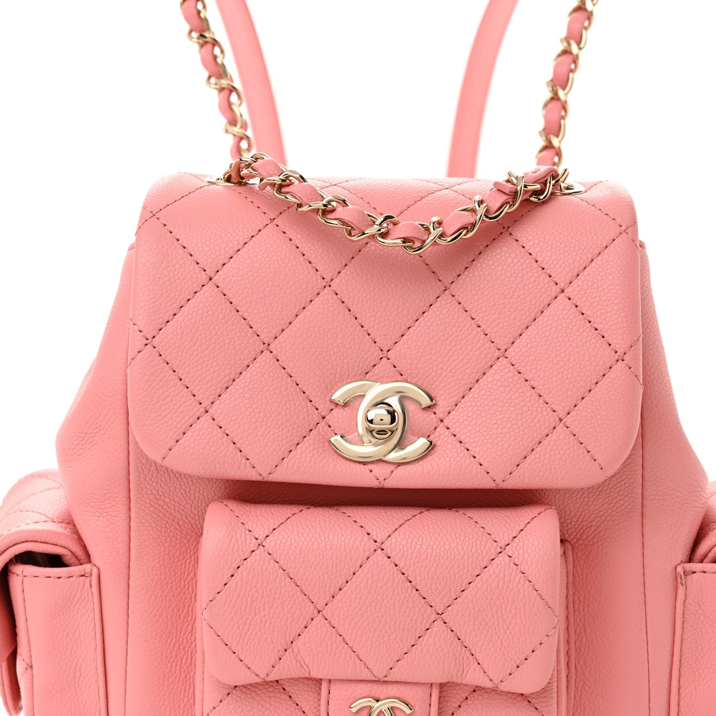 Shiny Caviar Quilted Small Pockets Drawstring Backpack Pink