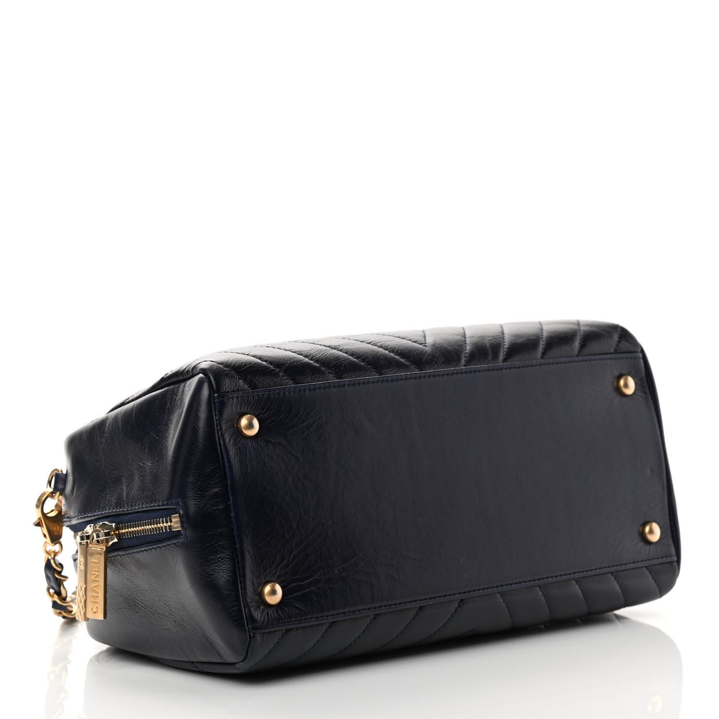 Glazed Calfskin Chevron Small Bowling Bag Navy